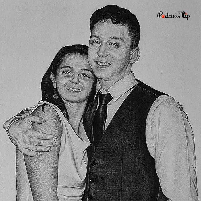 Charcoal drawing of couple embracing